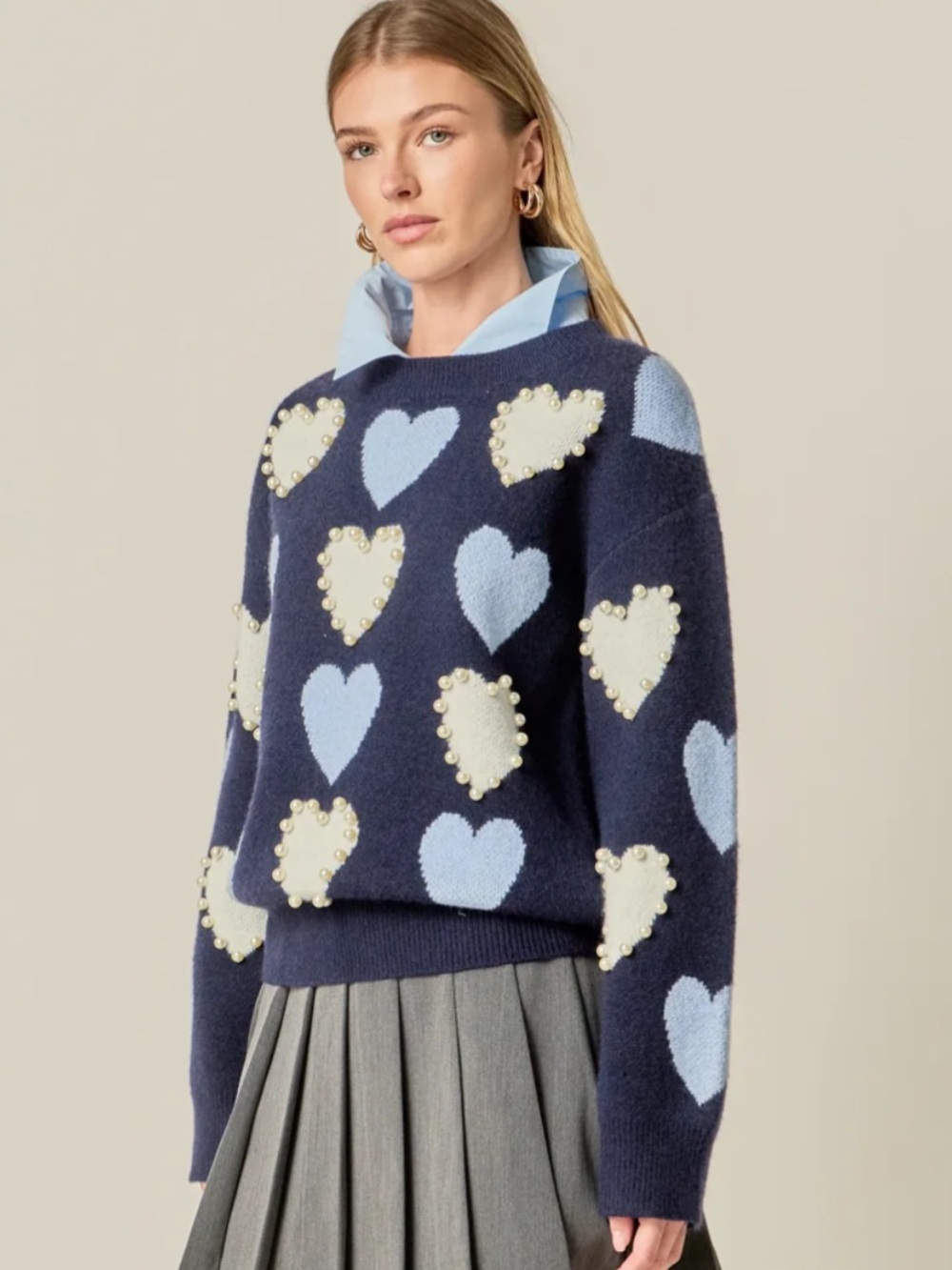 Tuckernuck || English Factory Pearl Embellished Heart Sweater Navy Blue Small